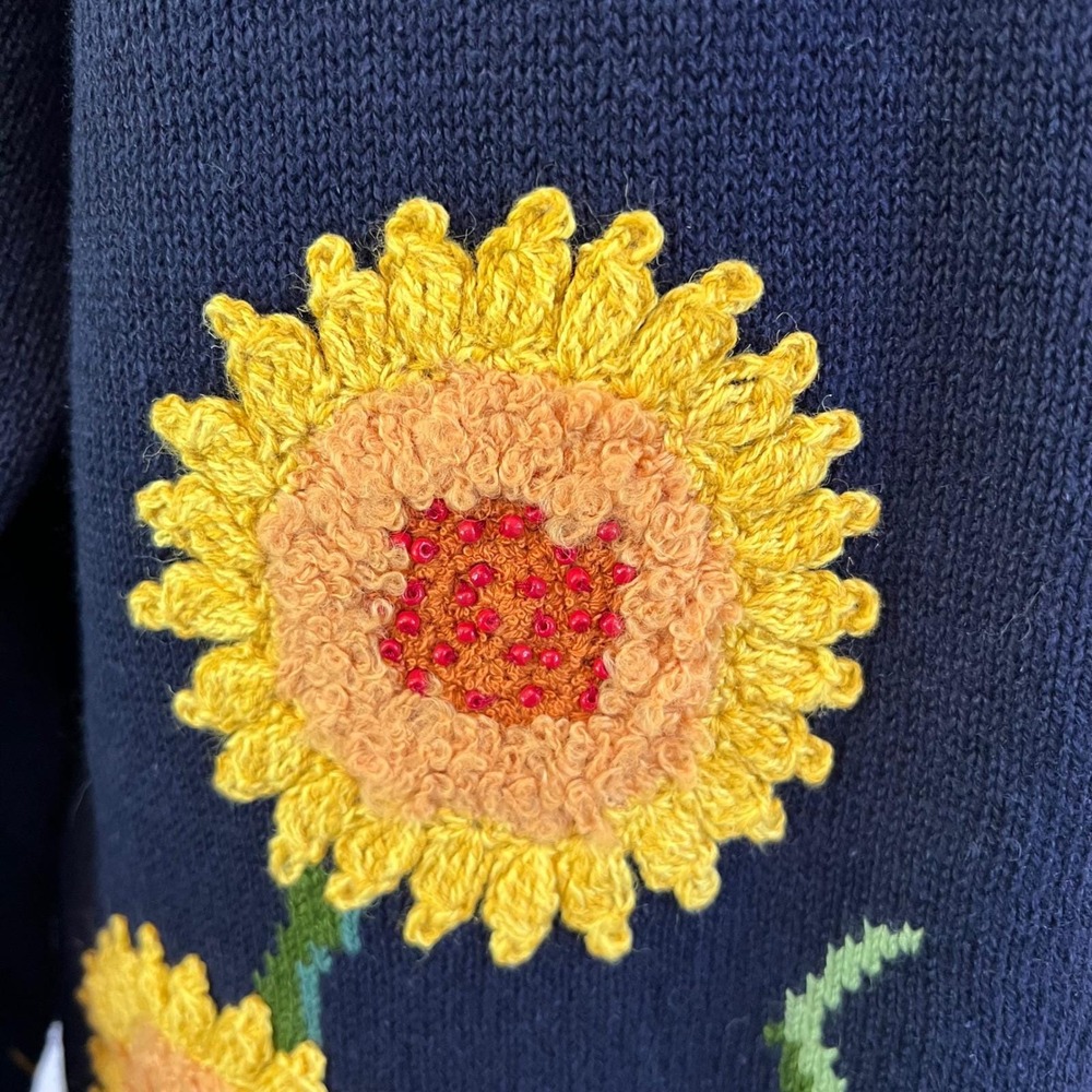 Vintage Navy Blue Cotton Sunflower Embroidered Cardigan Sweater 1X - Picture 9 of 10